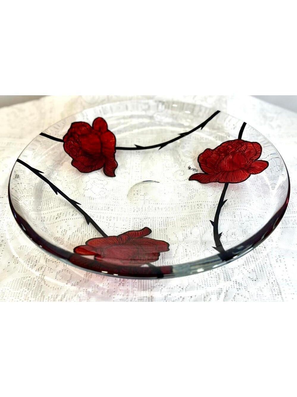 Kosta Boda Tattoo Red Roses 15"Glass Bowl - Ludvig Löfgren Sweden 2010 Art Glass
